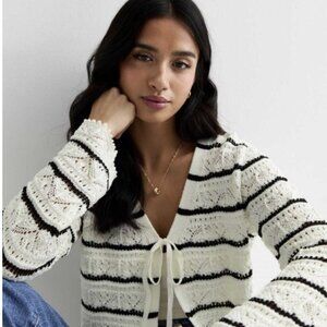 NWOT Petite White Stripe Stitch Knit Tie Front Cardigan XSP